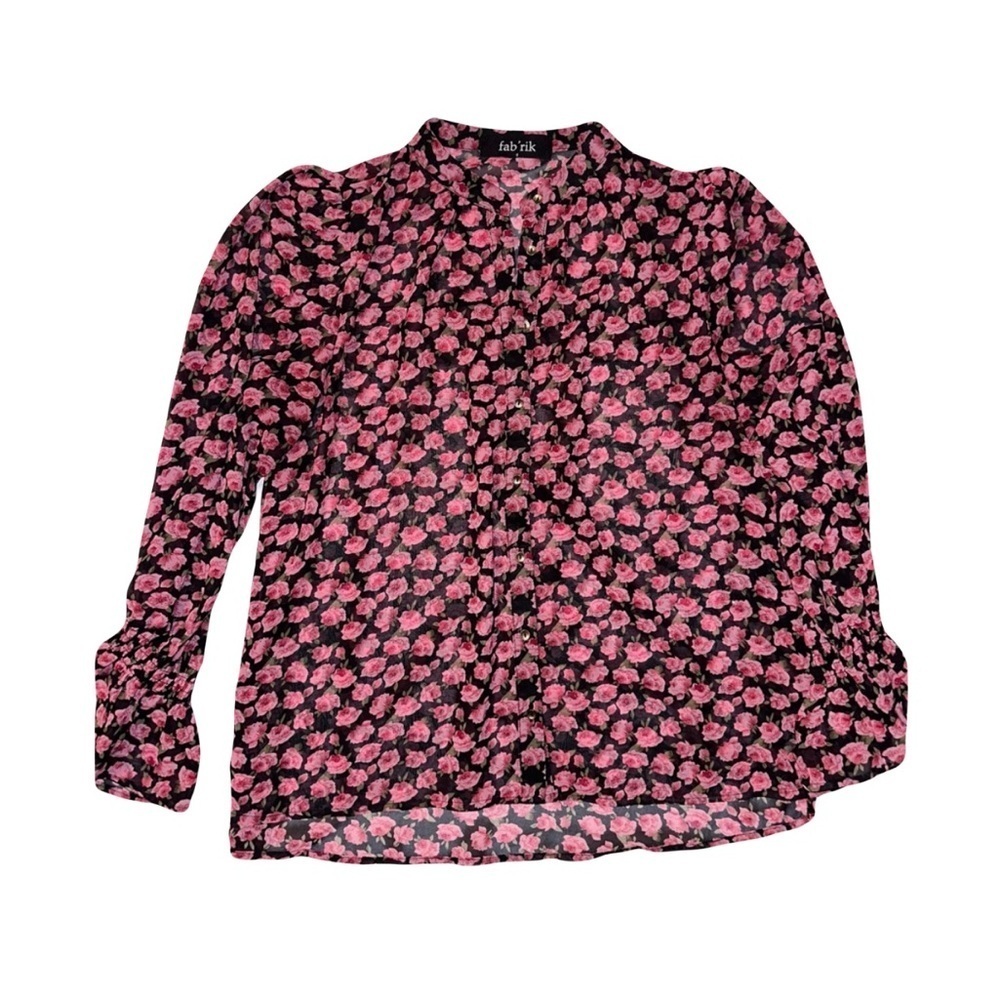 Fab’rik Sheer Long Sleeved Floral Blouse w/Gold Tone Buttons Sz Small Pink Black